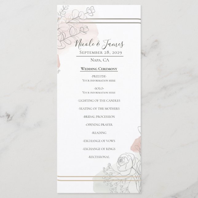 Menu Esboço Botânico Sage & Blush Casamento Floral  (Frente)