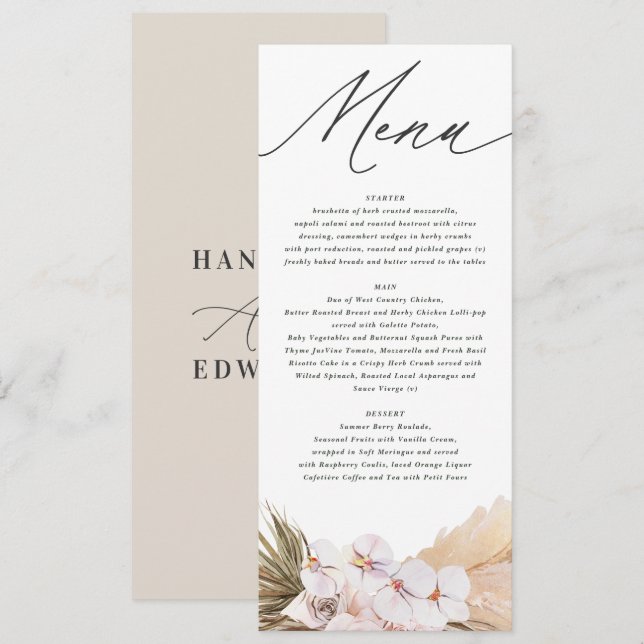 Menu Escrita botânica boêmica moderna da erva Pampas (Frente/Verso)