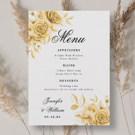 Menu Escrito Elegante Dourado Floral Romântico Casament