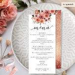 Menu Espanhol, Rosa, Dourado e Cor-de-Rosa Esbranquiçad<br><div class="desc">Aprecie seus hóspedes com este cartão de menu refinado em espanhol. Também disponível em inglês. Design coordenando nossos convites para eventos Dourados Rosa. Separe o design que apresenta no topo um arranjo floral único, cor-de-rosa pincelado, cor-de-rosa pincel e champanhe e no fundo o(s) seu(s) nome(s) e data. Detalhes da tipografia...</div>