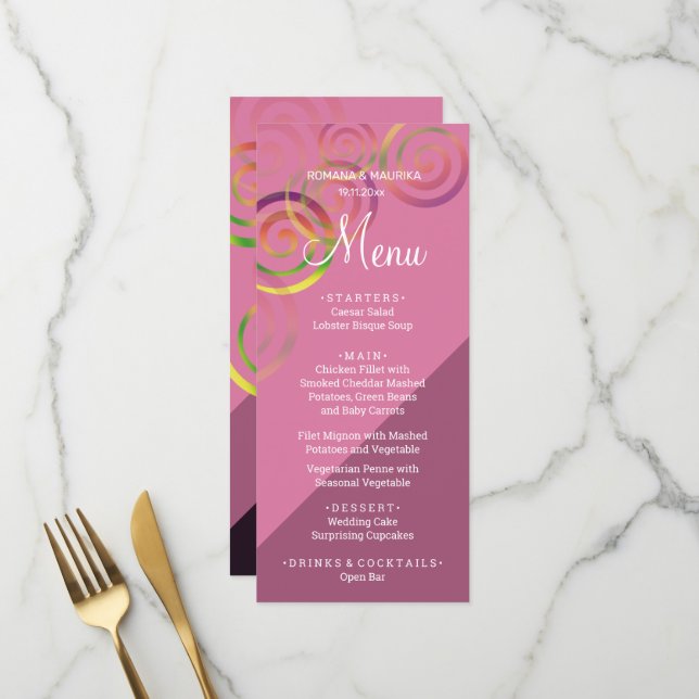 Menu Espirales de Arco-íris Chic Com Roxo Fundo (Frente/Verso In Situ)