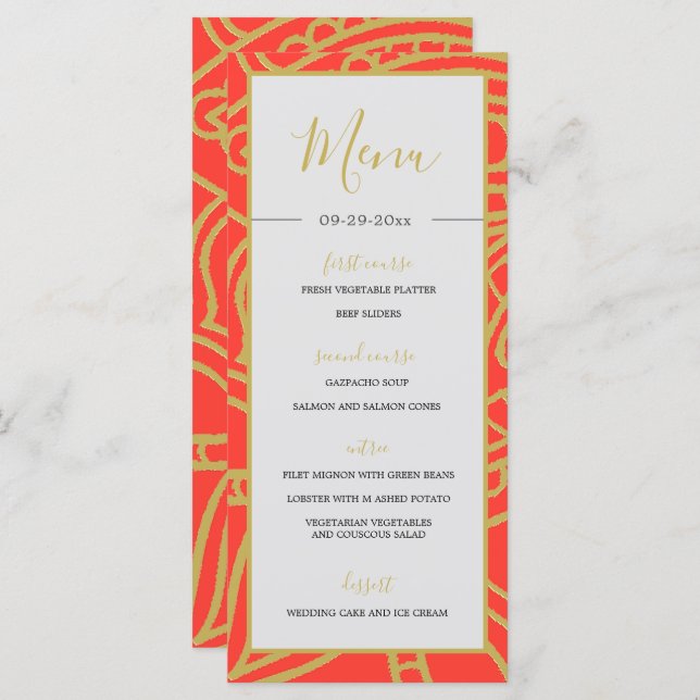 Menu Estilo Indiano Cor Dourada Laranja Casamento Chic (Frente/Verso)