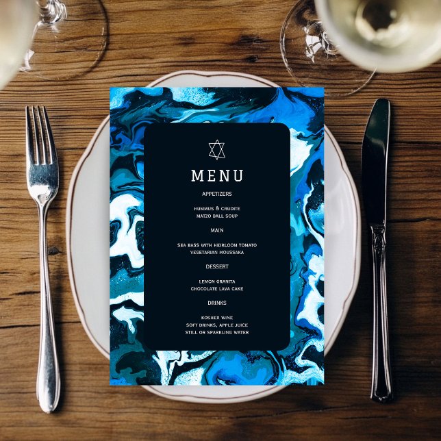 Menu Estrela Azul de Davi Marble Personalizado Bar Bat  (Blue Marble Star of David Custom Bar Bat Mitzvah Menu
)