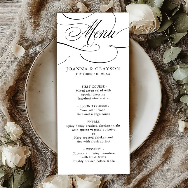 Menu Eterno de caligrafia moderna casamento branco pret (Modern calligraphy timeless black white wedding menu)