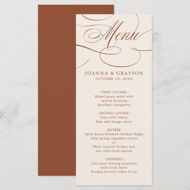 Menu Eterno de Caligrafia Moderna Terracotta Wedding (Frente/Verso)