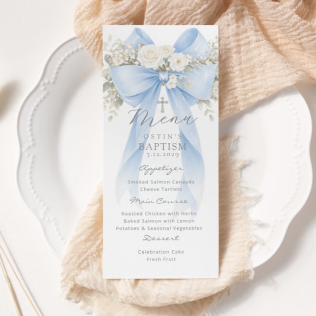 Menu Eucalyptus Blue Bow Elegant Baptism (Criador carregado)