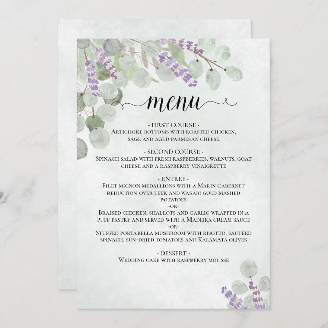 Menu Eucalyptus De Aquarela E Casamento De Lavandas (Frente/Verso)
