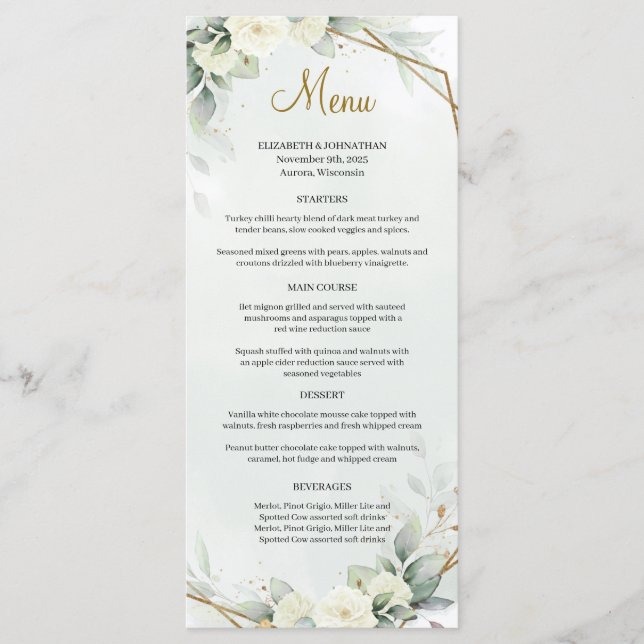 Menu Eucalyptus Foliage White Roses Gole Geométrico (Frente)