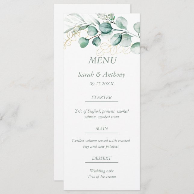 Menu Eucalyptus Greenery Foliage Comida de Casamento Ru (Frente/Verso)