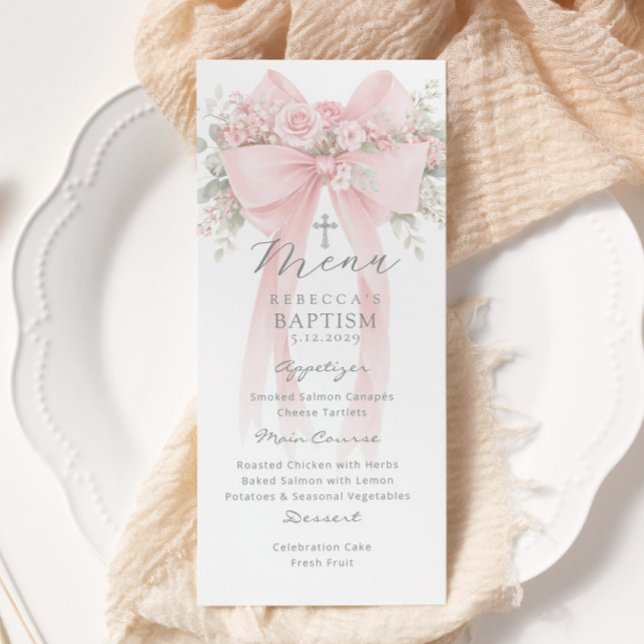 Menu Eucalyptus Pink Bow Elegant Baptism (Criador carregado)