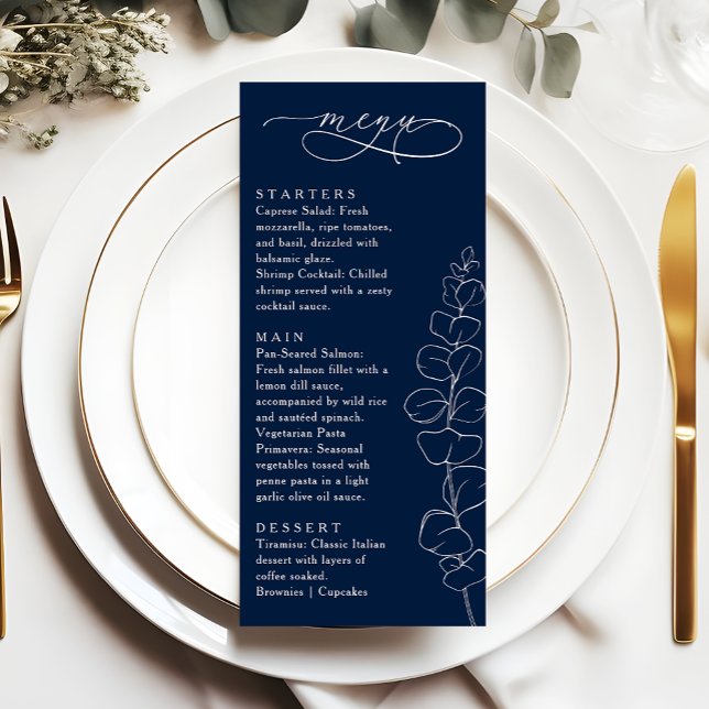 Menu Eucalyptus Spring Navy Blue Wedding Dinner (Criador carregado)