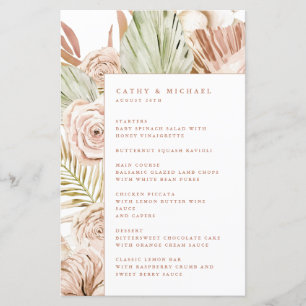 Menu Evento Boho Rosas e Folhas Tropicais