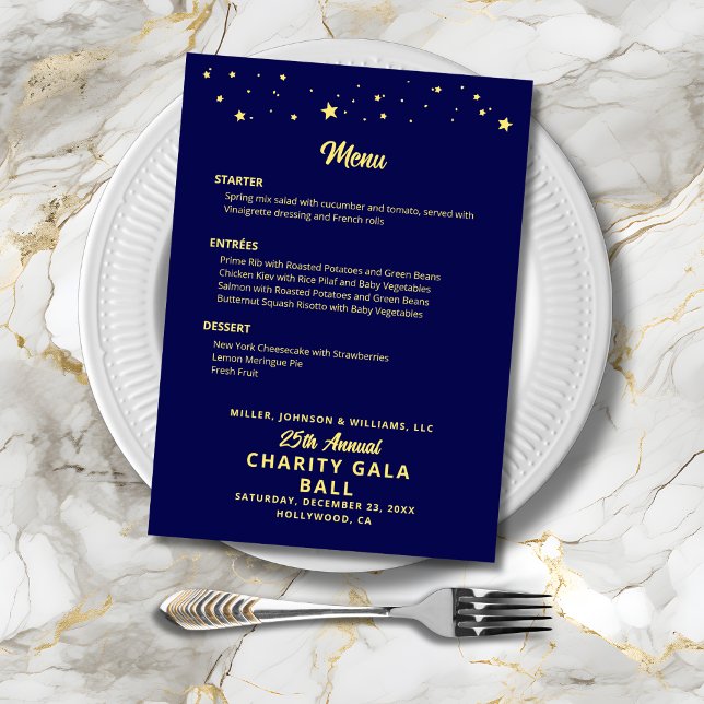 Menu Evento da Empresa Gala de Caridade Azul Dourado El (Charity Gala Ball Company Event Menu in Navy Blue and Gold, Gold Stars, Menu Choices, Event Details.)