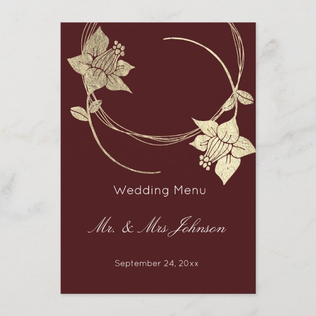 Menu Evento Floral Dourado de Casamento Burgundy M (Frente)