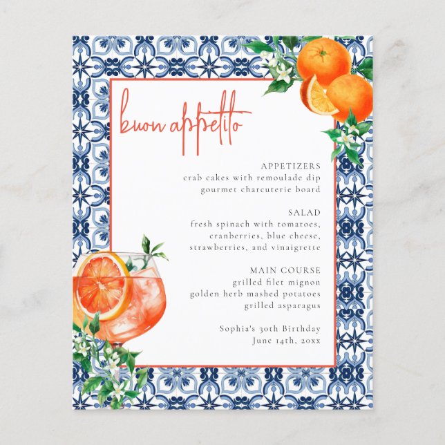 Menu Evento Watercolor Italiana Orange Aperol Spri (Frente)