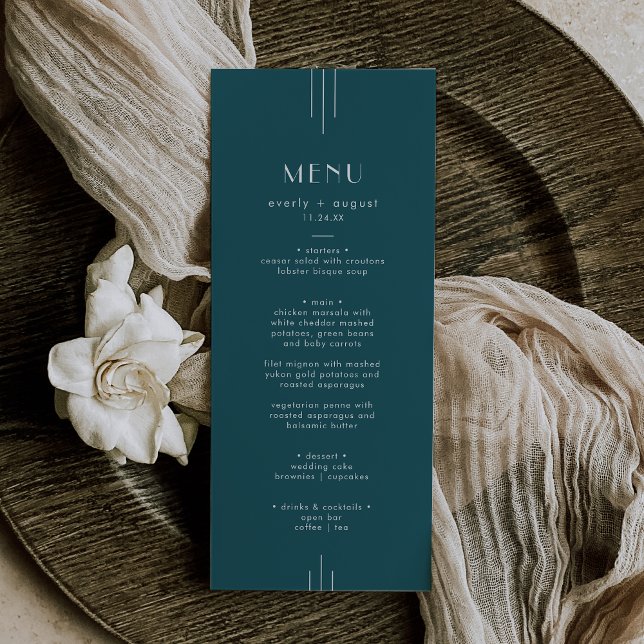 Menu EVERLY Simple Retro Art Deco Peacock Teal Wedding (EVERLY Simple Retro Art Deco Peacock Teal Wedding Menu)