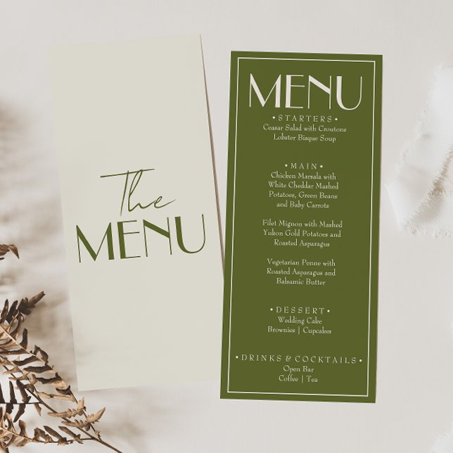 Menu Fancy Olive  Green Old Money Retro Luxury Wedding (Criador carregado)
