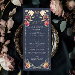 Menu Fantasy Encantado Casamento Floral Garden<br><div class="desc">Esta elegante, caprichosa, Fantasia Encantada design de Jardim Floral é perfeita para uma celebração encantada de temas florestais ou uma festa de jardim. Este design apresenta elementos florais cor-de-rosa e vermelhos num quadro de folhas verdes e sotaques dourados sobre um fundo azul. Correspondência de itens no nosso compro para um...</div>