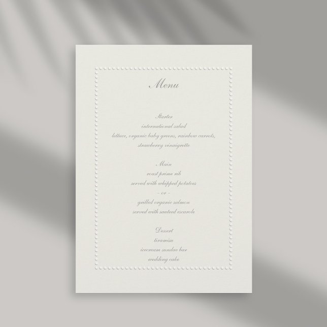 Menu Faux Embossed Beaded Frame Ecru Elegant Weding (formal wedding menu faux embossed beaded frame ecru linen classic traditional elegant)