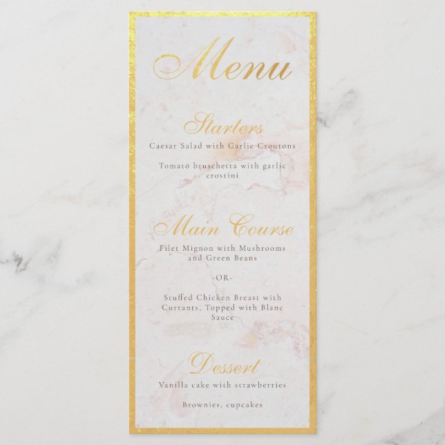 Menu Faux Gold Foil Elegiografia Branca Mármore (Frente)