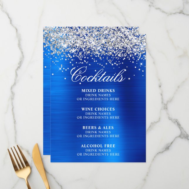 Menu Faux Silver Glitter Royal Blue Foil Cocktails Bar (Frente/Verso In Situ)