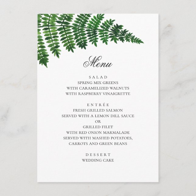 Menu Fern de aquarela. Casamento de Woodland. Botânica (Frente)