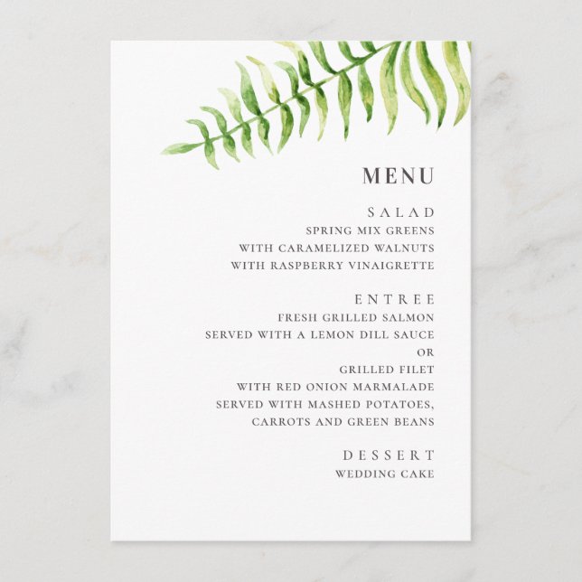Menu Fern verde-aquarela. Casamento botânico verde (Frente)
