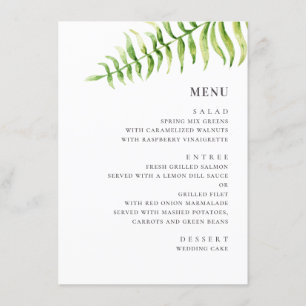 Menu Fern verde-aquarela. Casamento botânico verde