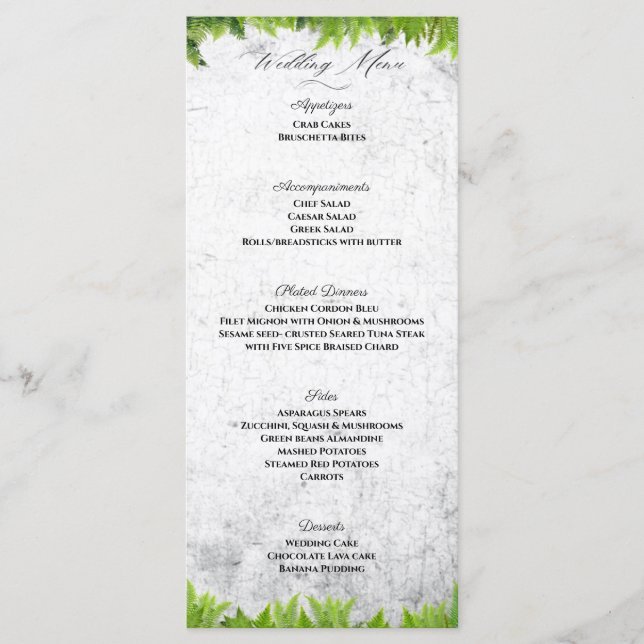 Menu Ferns Naturais Elegantes Casamento Romântico Folha (Frente)