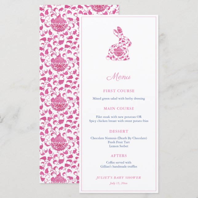 Menu Festa Chá de Noiva Coelho Chinoiserie Rosa (Frente/Verso)