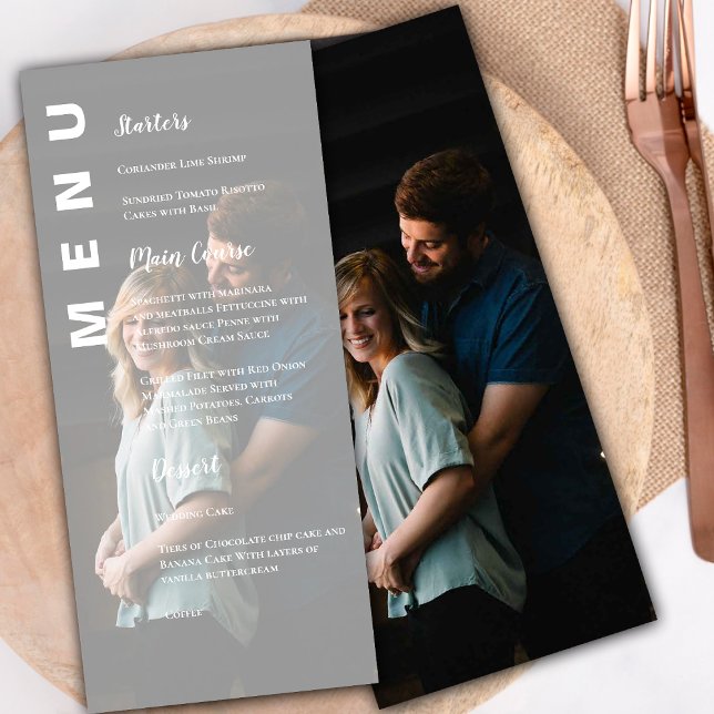 Menu Festa de casamento de Foto do Vellum Moderno Elega (Elegant Modern Faux Vellum Photo Wedding Party Menu)