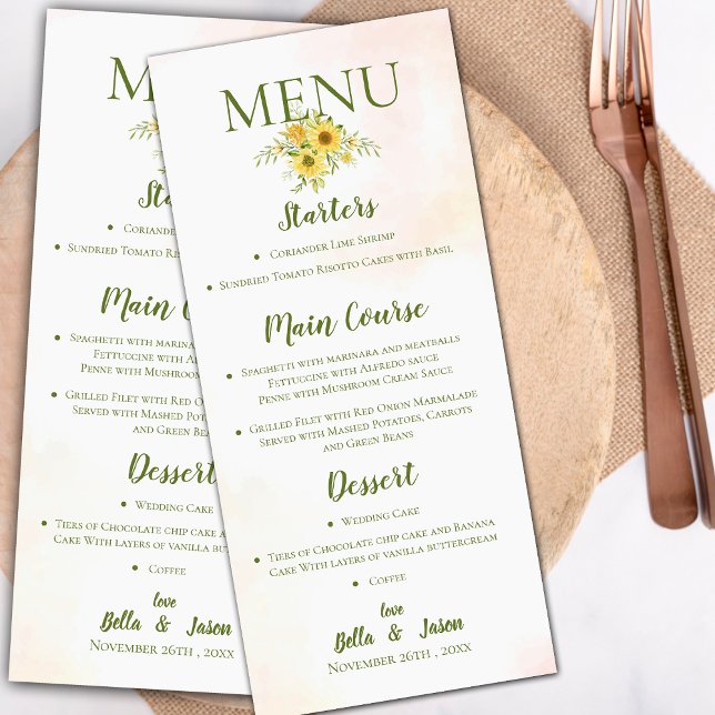 Menu Festa de casamento Floral Amarelo de Girassol Eleg (Elegant Sunflower Yellow Cute Floral Wedding Party Menu)