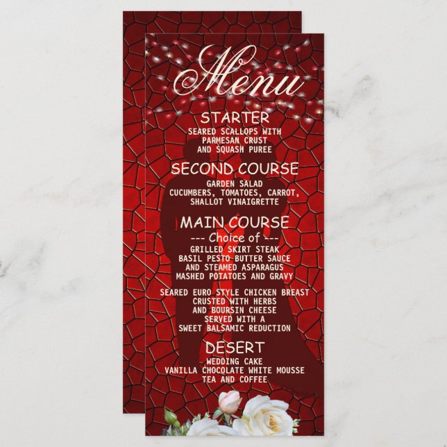 Menu Festa de casamento Red Floral Modern Elegante Jant (Frente/Verso)