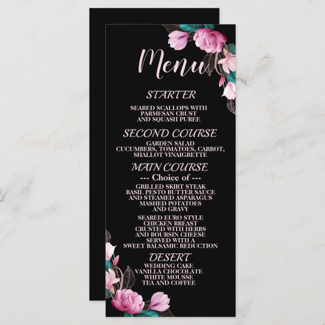 Menu Festa de casamento Rosa Floral Negro Elegante Rosa (Frente/Verso)