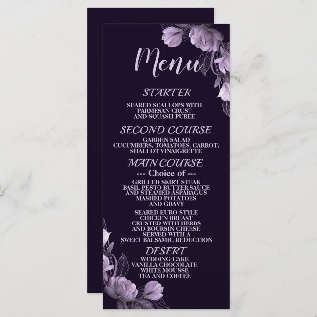 Menu Festa de casamento Roxo Floral Violeta Elegante (Frente/Verso)