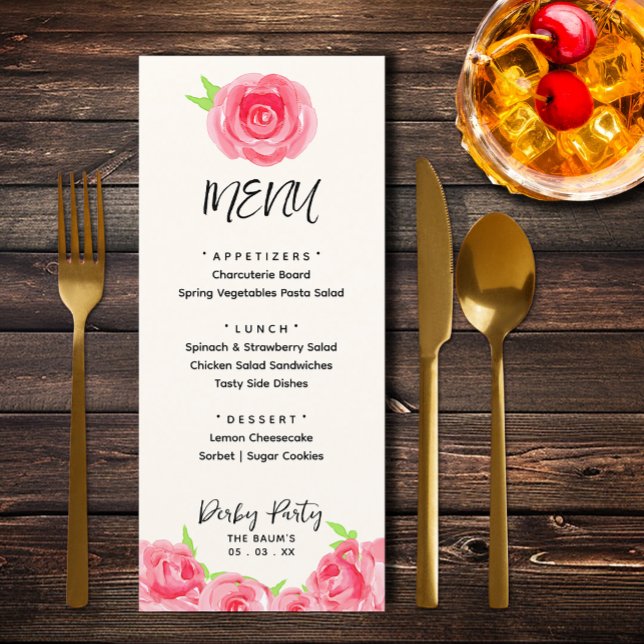 Menu Festa de Derby Floral de Rosas de Quic (Chic watercolor roses floral Derby Day party menus)