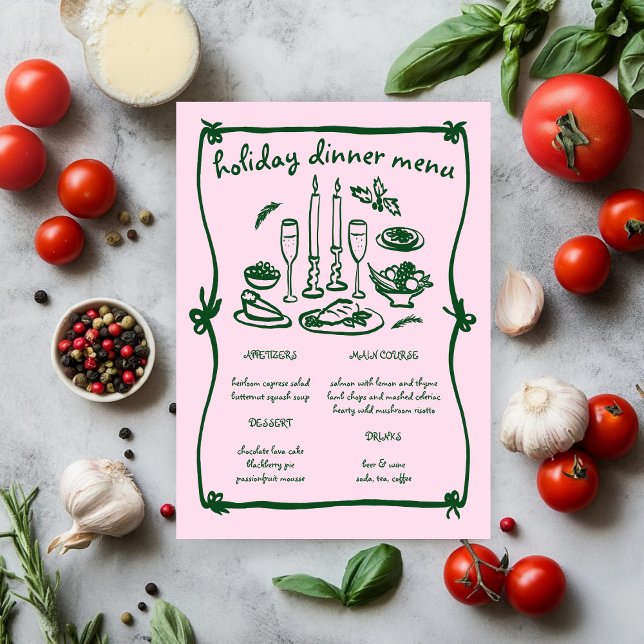Menu Festa de Jantar de Natal Feminina e Caprichosa (Whimsical Girly Christmas Holiday Dinner Party Menu Pink Green
)