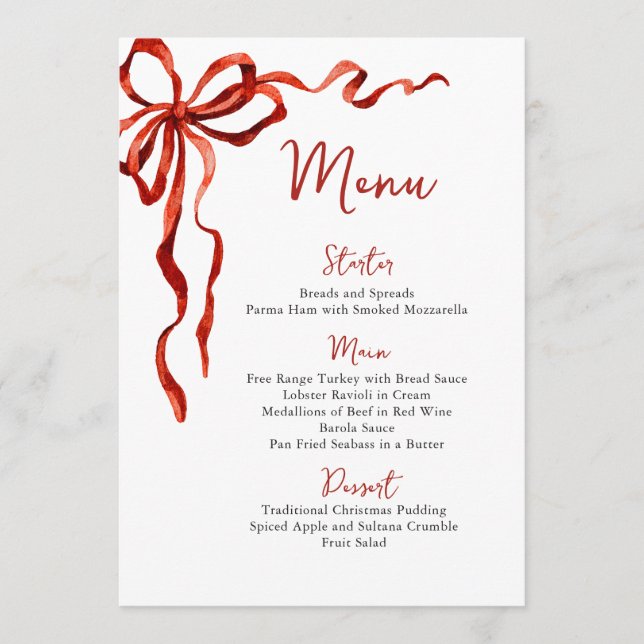 Menu Festa de Natal Caprichosa e Divertida com Laço Ver (Frente)