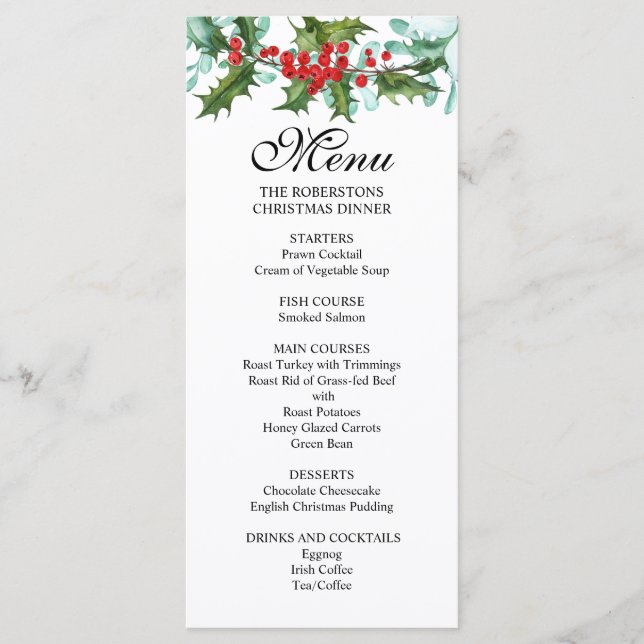 Menu Festa de Natal com Aquarela de Azevinho e Frutas (Frente)