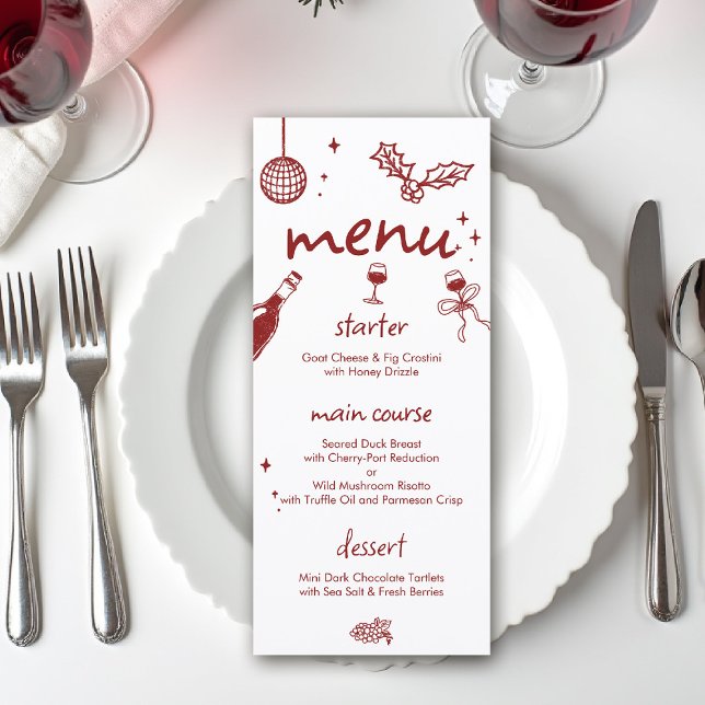 Menu Festa de Natal Degustação de Vinhos Desenhada à Mã (wine tasting holiday party drinks hand drawn menu winery charcuterie friendsmas christmas santa)