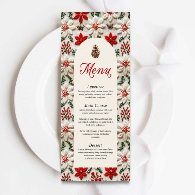 Menu Festa de Natal Elegante Red Floral (Christmas Dinner Party Menu Card)