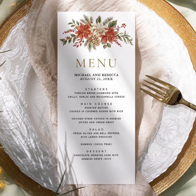 Menu Festa de Natal Floral Casamento Ouro Vermelho (Criador carregado)