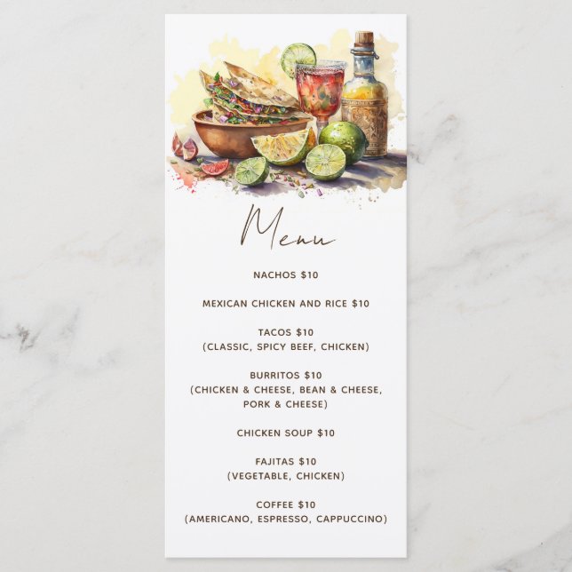 Menu Festa de tacos fiesta de aquarela. Café da comida  (Frente)