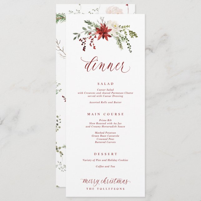 Menu Festive Elegant Watercolor Christmas Dinner (Frente/Verso)
