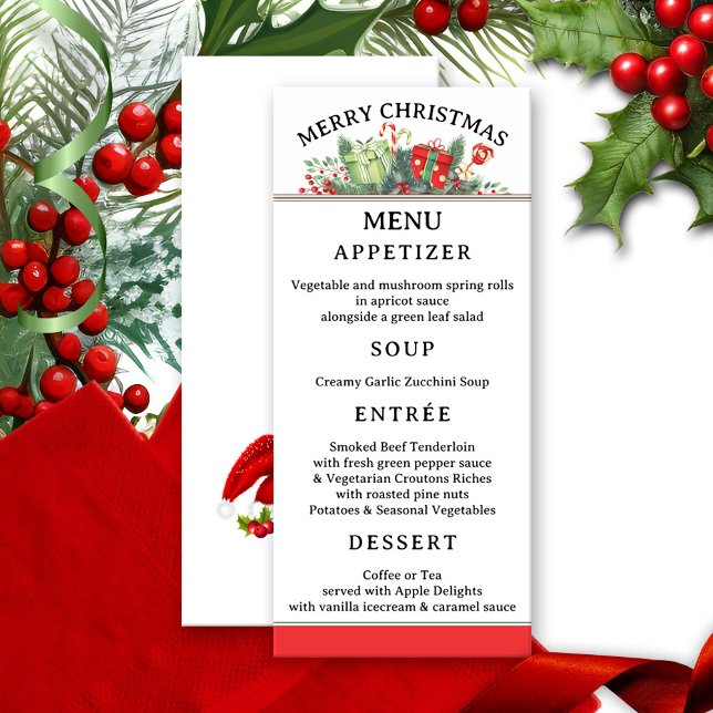 Menu Festivo de Natal Clássico (Christmas menu card featuring a festive classic design in red and green with pine twigs and berries)