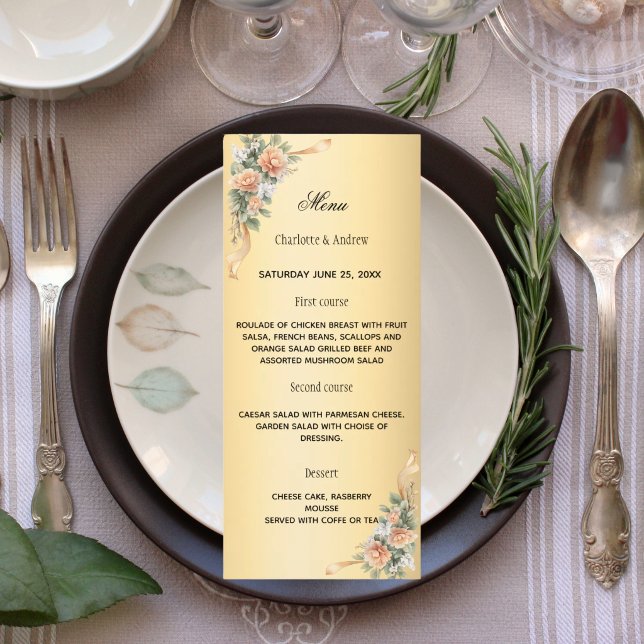 Menu Fita floral amarelo dourado aniversário de casamen (Criador carregado)