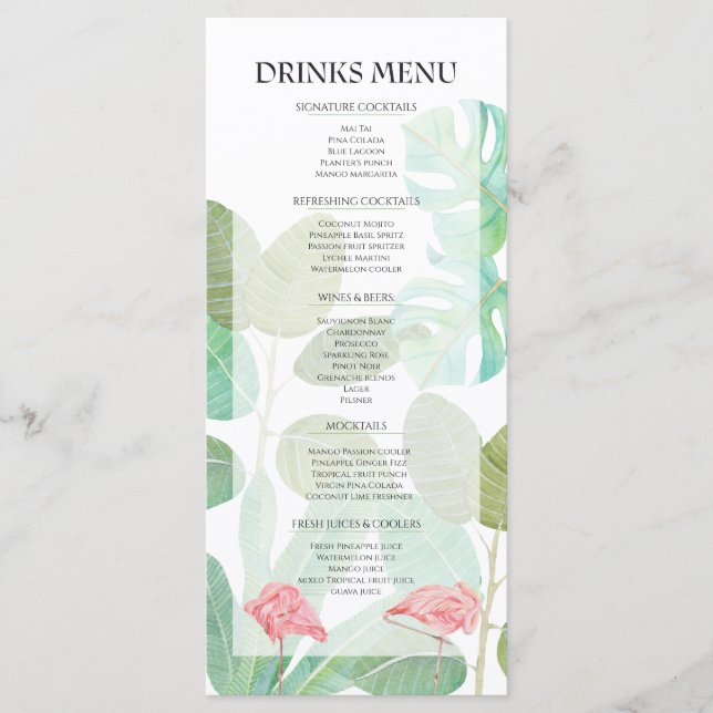 Menu Flamingo de Luxo, Bebidas de casamento com folhage (Frente)