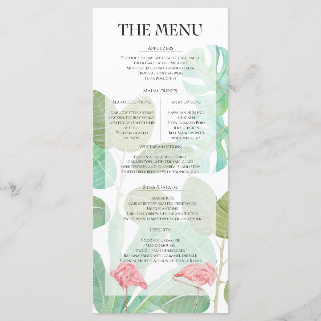 Menu Flamingo Rosa, Folhas tropicais e casamento de flo (Frente)