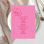 Menu Flor Cor-de-rosa   Casamento Vermelho<br><div class="desc">A arte da linha vermelha inspirou o texto "Menu" no topo com texto personalizado branco e fundo rosa com flor de arte da linha do solteiro à esquerda.</div>