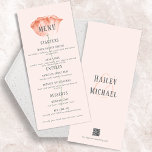 Menu Flor Coral Minimalista Dois Entres<br><div class="desc">Estes menus simples de casamento de 4 x 9" apresentam uma papoila de cor de coral solteiro O menu inclui espaços reservados para dois aperitivos, duas entradas e duas sobremesas. Adicione os nomes do casal junto com o seu site de casamento para criar o seu próprio código QR no verso....</div>